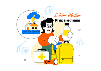 Fototapeta premium Extreme Weather Preparedness Vector Illustration With Emergency Kit Storm Warning Safety Plan Disaster Readiness Climate Alert Design