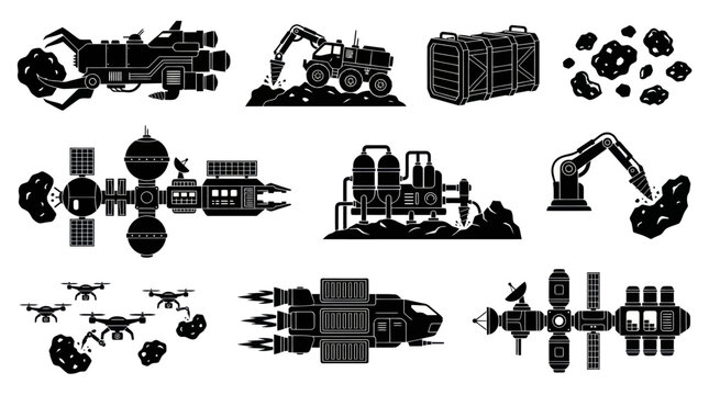 Futuristic Space Mining and Construction Icons: Drones, Robots, Mining