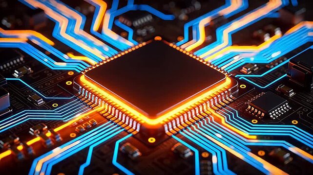 Closeup of glowing circuit board with central chip