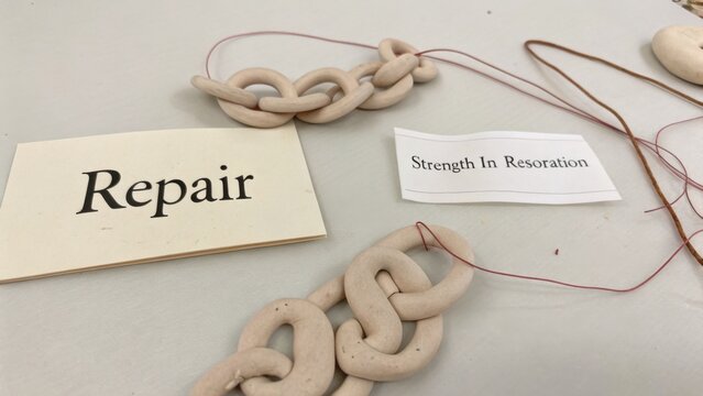 Repair concept with clay links illustrating strength in restoration and creativity in art and material transformation for creative projects and workshops