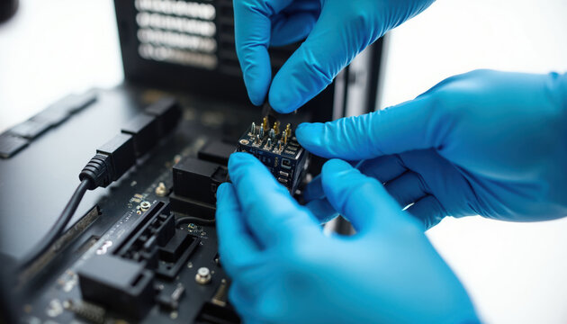 Hands in blue gloves carefully connect or disconnect electronic module to computer board. Technician works with internal server components or PC hardware. Close-up on tech repair or data forensics.