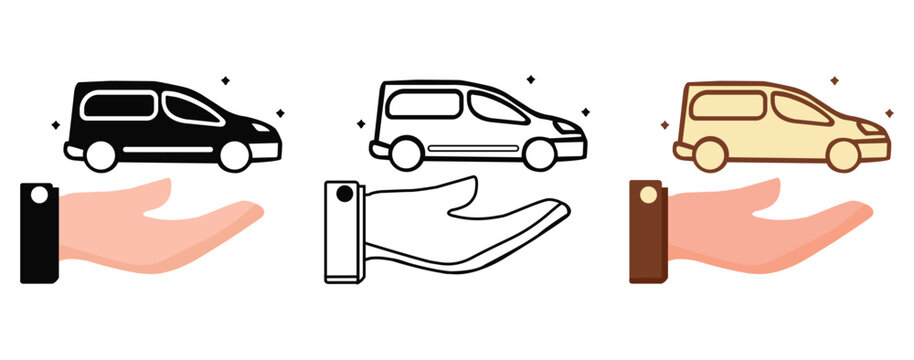 Car insurance and delivery service icons set featuring a small van on a human hand in silhouette, outline, and flat color styles.
