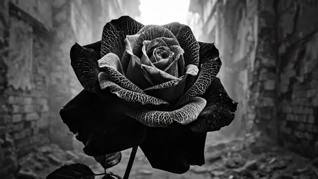 Black and white close-up of a dark rose with intricate details set against a war-torn background filled with smoke