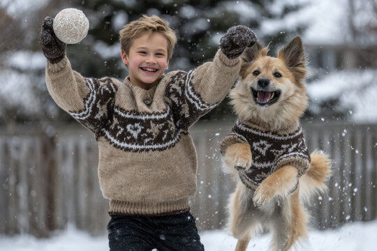cheerful boy and his dog wearing matching sweaters create funny scene as they joyfully play in snow