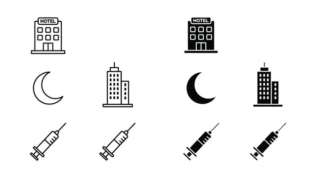 Mysterious icons combining hotels, syringes, and nighttime cityscapes with moon phases