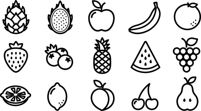 Collection of black and white line of various fruits dragon fruit apple banana orange