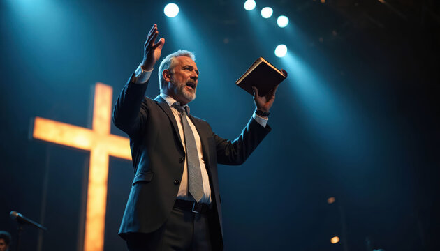 Man preacher with bible on stage raises hands. Sermon on church worship service. Christian faith and ministry with spotlight. Gospel speech is delivered.