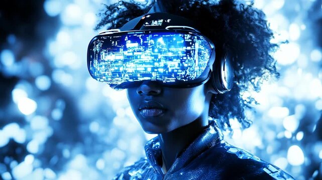 A black woman uses a virtual reality headset in an advanced setting filled with bright digital patterns and blue lights