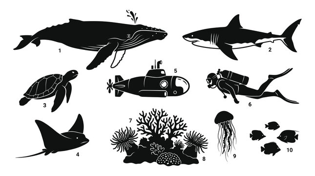 Ocean Marine Life, Diver  Submarine Black and White Silhouette Icons Set