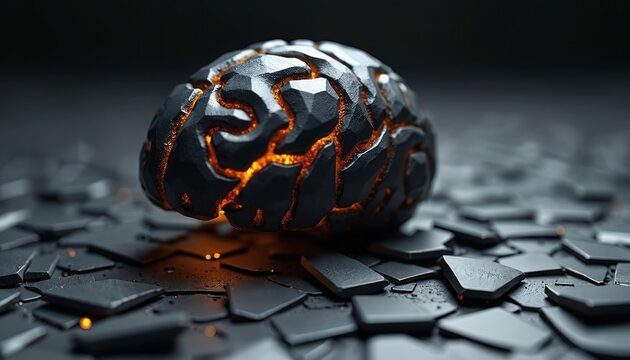 Dark geometric brain model with glowing orange interior sits on fragmented surface. Abstract mind concept related to AI, technology, and psychology.
