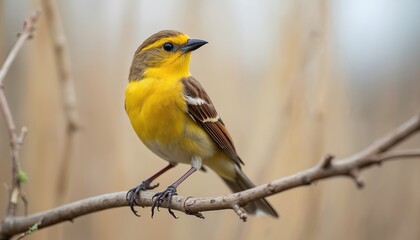 Fototapeta premium Small yellow bird with brown wings sits on a thin tree branch. Bird has dark eyes and a pointed black beak. Background is soft blur of tan and white colors.
