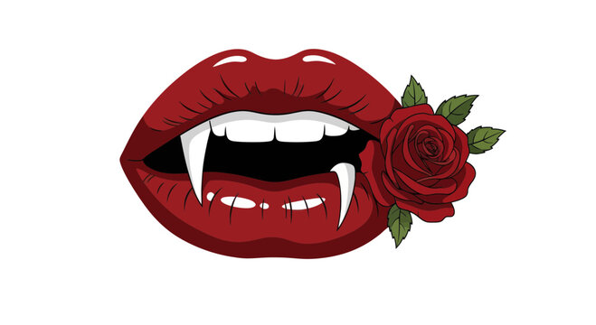 Red lips with vampire fangs and rose.