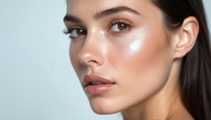 Fototapeta premium Young woman face with luminous glow skin. She has natural makeup, shiny cheeks, and healthy lips. Closeup portrait shows smooth complexion and bright eyes. Beauty and skincare concept.