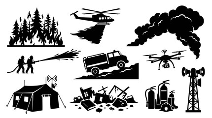 Obraz premium Emergency Disaster Response Safety Rescue Black White Glyph Icons Set