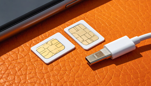 Two SIM Cards and a Charging Cable on an Orange Textured Surface.