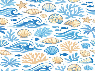Fototapeta premium Print Seamless Coastal Pattern with Hand Drawn Waves Shells and Ocean Elements in Blue Tones