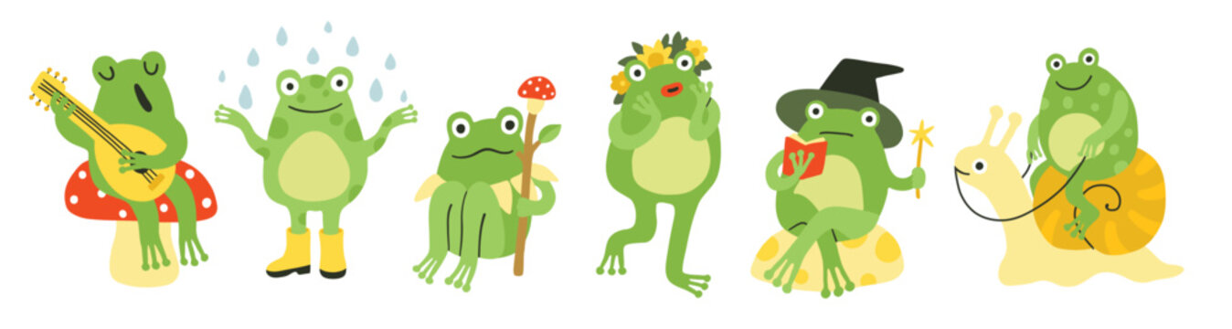 Funny frog character, froggy mascot characters set. Frog with raindrops, wreath, sitting with mushroom, singing, wizard. Simple flat doodle style, green, yellow and red. Print, sticker, children.