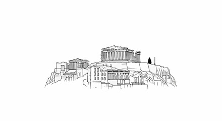 Fototapeta premium Stylized line drawing of ancient structures on a rocky hill