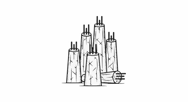 Sketch of concrete pilings with exposed rebar, some standing upright, some tilted
