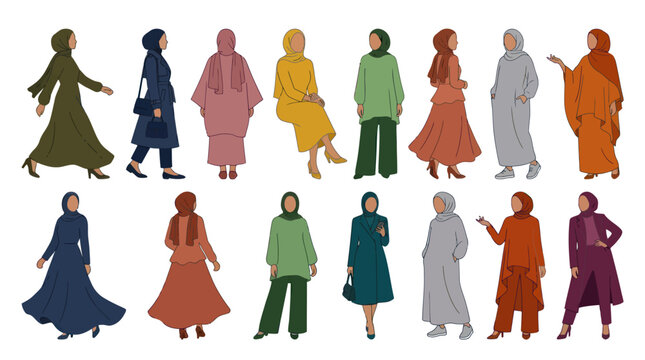 Fashion Lifestyle: Diverse Muslim Women in Hijab and Modest Outfits Flat Vector Illustration Set