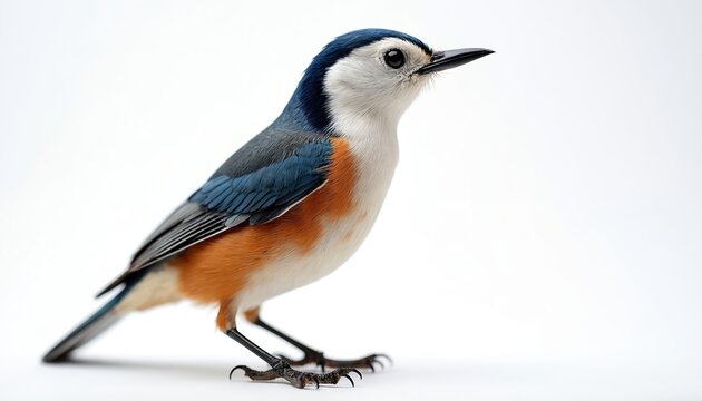 Colorful nuthatch bird stands on white background. Small avian animal shows blue wing feathers white chest and orange belly. Tiny creature perched on its black feet.