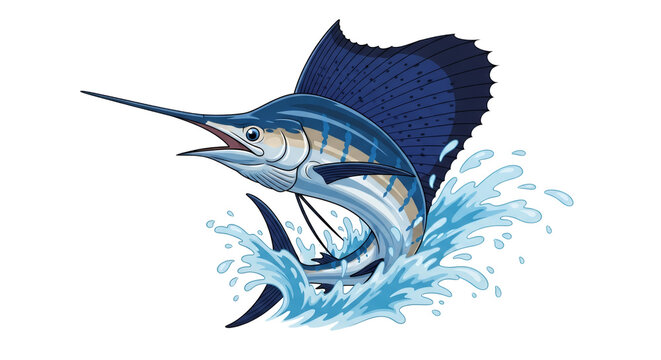 Vector illustration of a majestic sailfish jumping out of blue water with dynamic splashing waves isolated on white background