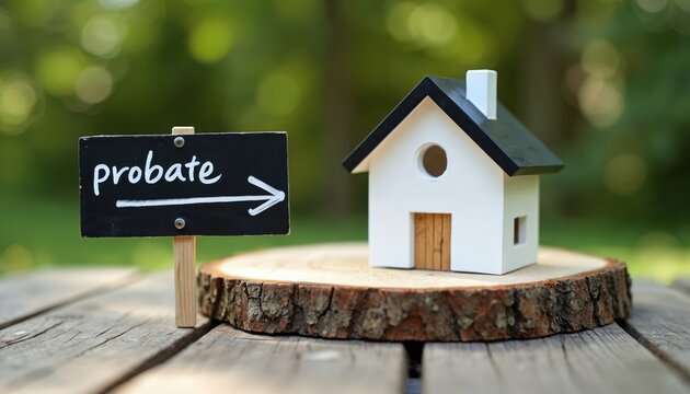 Miniature house and probate sign on wood. Symbolizes estate law property transfer and inheritance process. Outdoors nature background with green foliage.