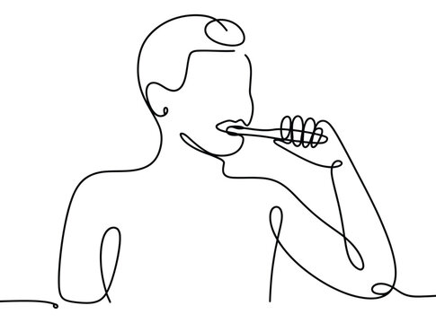 Continuous line drawing of a person brushing teeth with a toothbrush in one hand