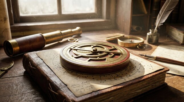 Antique brass astrolabe on an old leather book. Vintage navigation instrument with telescope and map. History of exploration and discovery concept
