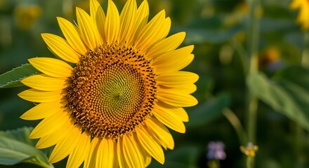 Obraz premium Single Sunflower head in sharp focus against green background