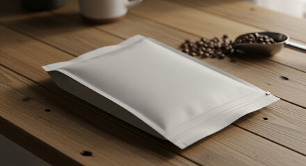 Fototapeta premium A white coffee bag on a wooden table with coffee beans and a mug in the background
