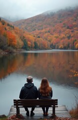 Fototapeta premium Couple sits on bench watching lake on autumn day. Colorful trees reflect on calm water surface. Man and woman enjoy quiet moment, natural landscape view.