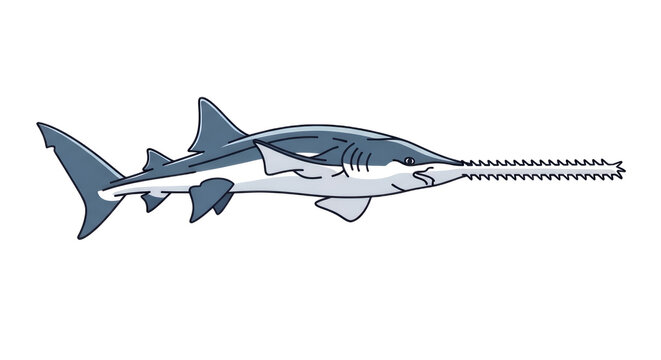 Sawfish Illustration Isolated on White Background - Cartoon Style Marine Life Vector Art of a Carpenter Shark or Sawfish with Long Toothed Snout