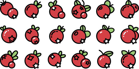 Collection of red berry with green leaves and star accents fruit leaf © GR Graphics