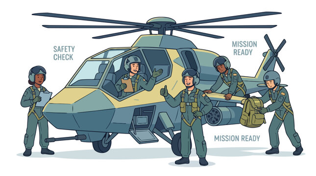 Military aviation crew conducting safety checks and preparing for a mission with their helicopter professional team ensuring readiness for flight operations in the defense industry