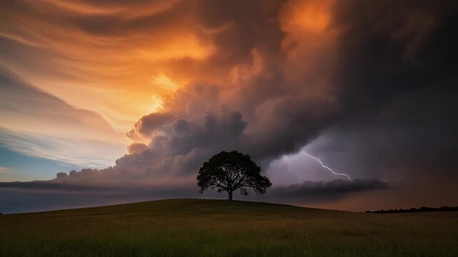 storm clouds  with lightning over the field and tree, part 2