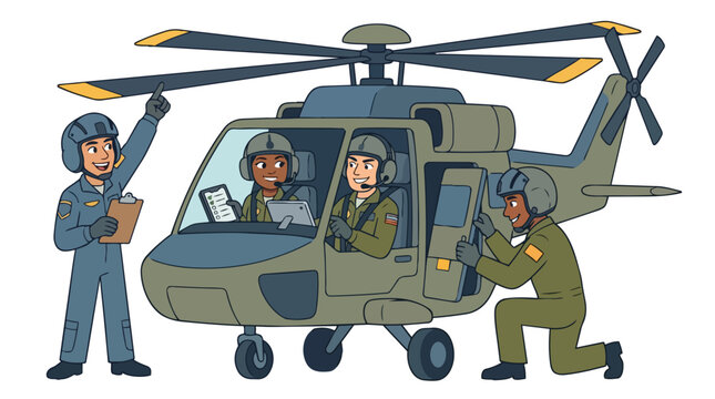 Diverse military aviation crew conducting pre-flight checks on a utility helicopter, demonstrating teamwork and readiness for a critical mission