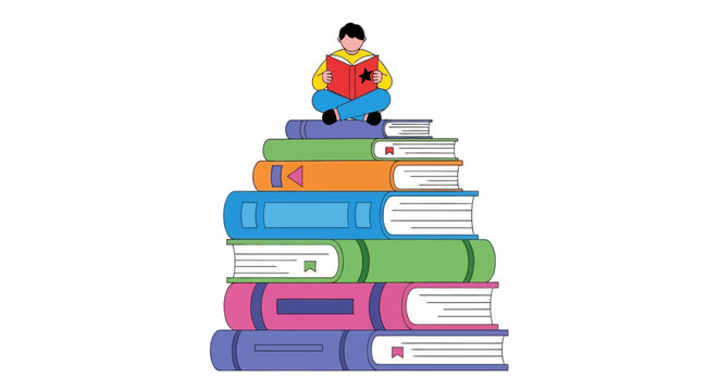 A cartoon character sits atop a stack of colorful books in a whimsical digital illustration, reading with a focused expression, set against a clean white background
