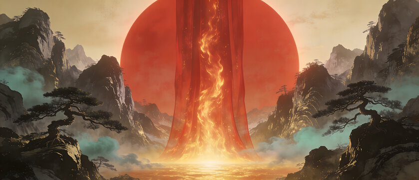 A fiery volcanic eruption occurs near ancient trees on a mountain range at sunset.