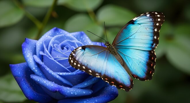 Blue Morpho Butterfly Resting on a Blue Rose with Water Drops