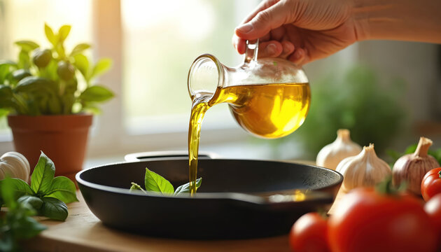 Hand pours golden oil into frying pan with green basil leaves. Tomatoes and garlic bulbs are on kitchen counter. Natural light illuminates cooking ingredients for healthy meal preparation.