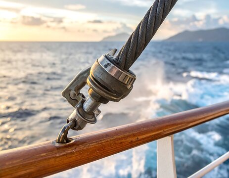 Close-up of a sturdy metal cable attached to a wooden railing on a boat, traveling on open water at sunset