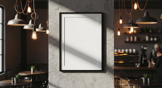 A blank picture frame hangs on a gray wall in a modern coffee shop with pendant lights and tables