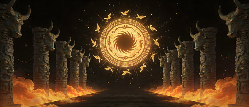 A mystical portal glows brightly amidst ancient columns and flames at night.