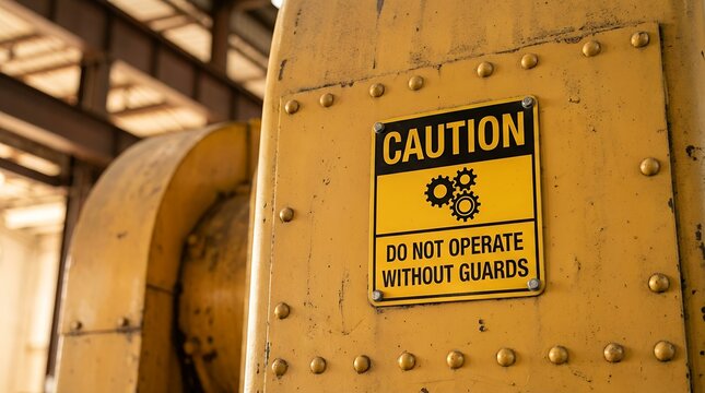 Close up of a yellow industrial machine with a prominent yellow and black CAUTION sign indicating DO NOT OPERATE WITHOUT GUARDS warning safety equipment machinery factory