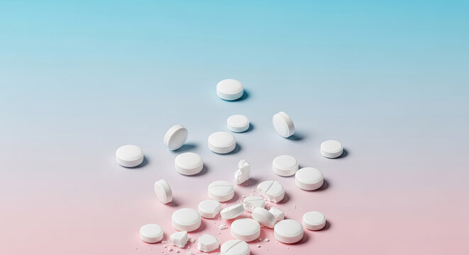 A collection of white pills scattered on a pink and blue background