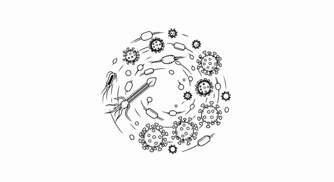 Microscopic viral and bacterial entities swirl in a circular pattern