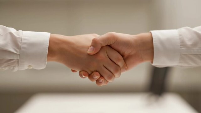 Two people in a professional setting share a firm handshake