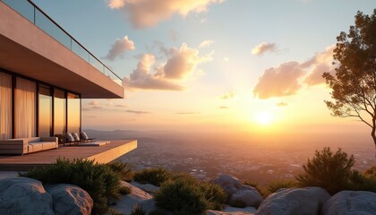 Obraz premium Modern cliffside house at sunset. Large windows offer expansive valley views. Terrace provides outdoor relaxation space. Architecture blends with natural landscape.
