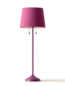 A Tall Purple Floor Lamp With A Textured Lampshade and Dual Pull Chains